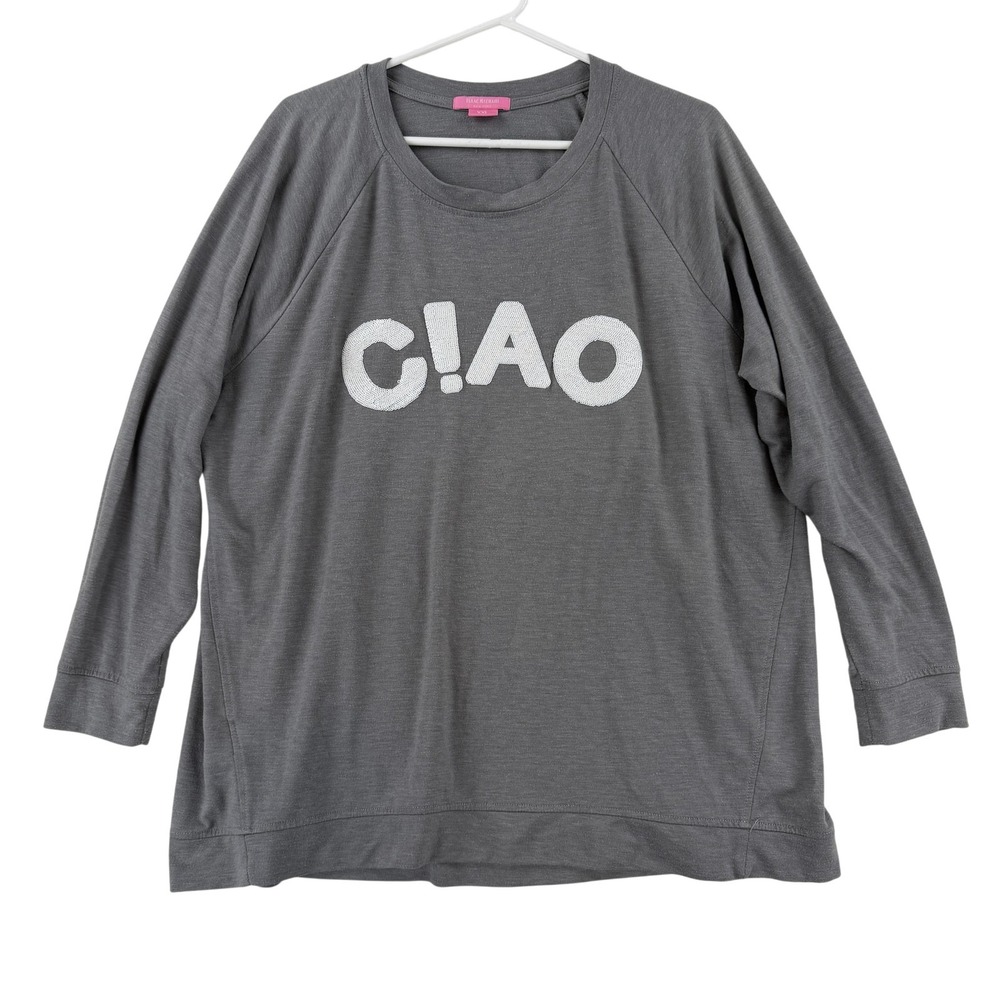 Isaac‎ Mizrahi Shirt Womens XXL Gray Ciao Sequin Graphic Raglan Long Sleeve Knit
